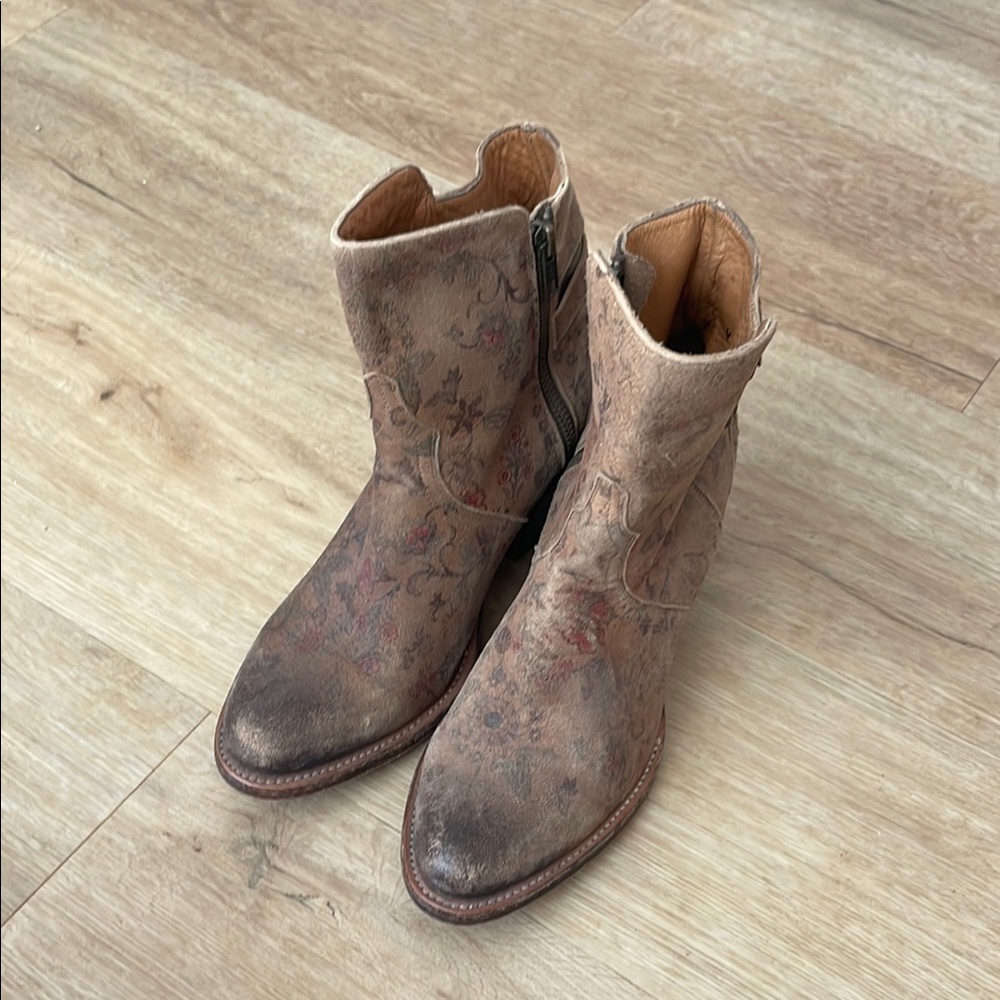 Lucchese Distressed Brown Floral Ankle Boots